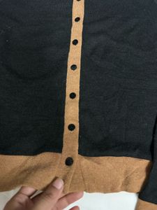Classic Black Cardigan with Tan Trim