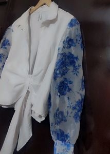 White Top Blue Floral Print Sleeves For 42 Bust