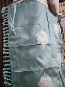 Teal Leaf Print Saree with Tassels