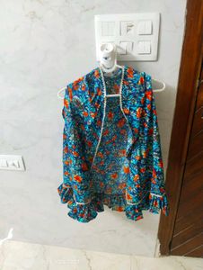 fresh piece Blue Floral Print Dupatta with Ruffle