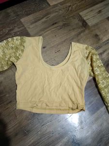 Yellow Crop Top with Gold Lace Sleeves