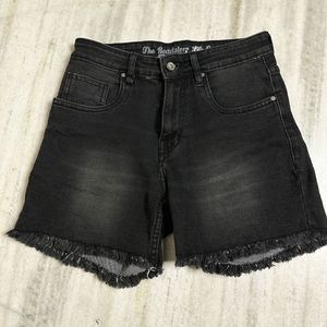 Black Washed Regular Fit Frayed Denim Shorts