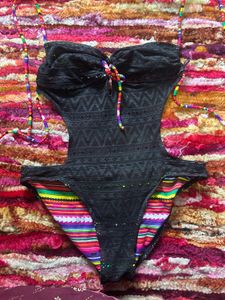 Chic Black Crochet One-Piece Swimsuit with Colorfu