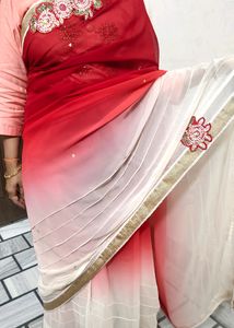Woww Red Shady Saree With Patchwork