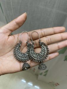 Silver tone oxidized long hoop style jhumka