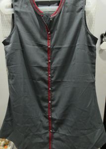 Grey Sleeveless Kurta with Red Trim