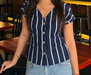 Chic Navy Striped Button-Up Top