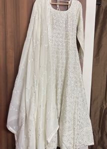 White Party Wear Anarkali Gown &amp; Dupatta
