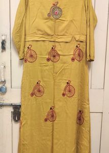 Mustard Yellow Vintage Bicycle Embroidered Dress