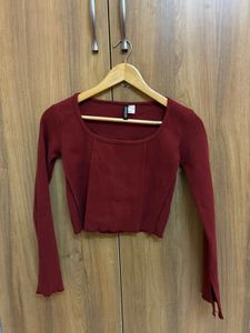 Maroon Ribbed Long Sleeve Crop Top