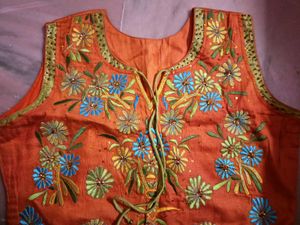 Embroidered Orange Ethnic Kurti