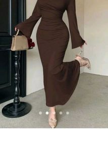 Chic Brown Ruched Midi Dress