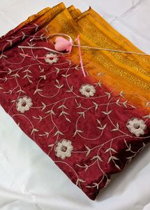 Simply Cute Embroidery Floral Design Maroon Saree
