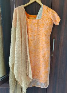 Orange And Beige Crepe Kurta Suit Set | Bust Upto 38 | Waist Free Size