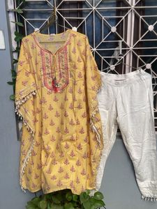 Yellow Printed kaftan Kurta Set with Pants