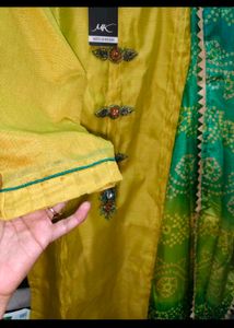 Vibrant Yellow Kurta Set with Green Dupatta