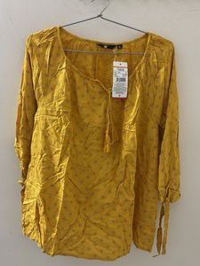 Yellow Printed Kurta with Tassel Tie