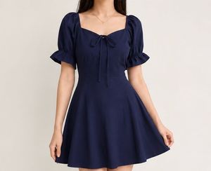 Navy Blue Puff Sleeve Tie-Front Dress