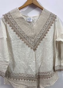 Cream Embroidered V-Neck Kurta