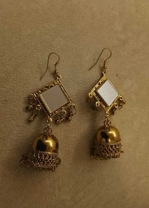 Golden jhumka hangings with mirror