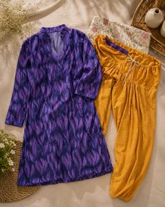 Purple Printed Kurta with Yellow Pants