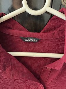 Maroon Button-Up Shirt Dress with Belt Size L
