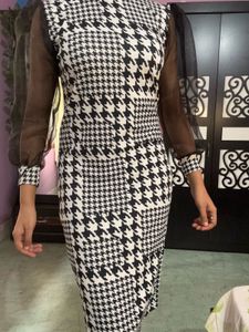 Houndstooth Dress with Sheer Sleeves