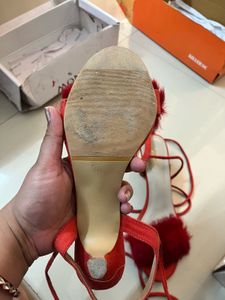 Red Lace-Up Heels with Fur Accent