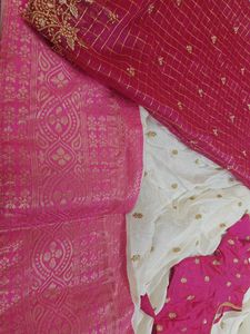Elegant Cream &amp; Pink Embroidered Lehenga Choli Set