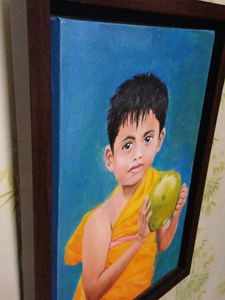 Boy with coconut- painting Framed