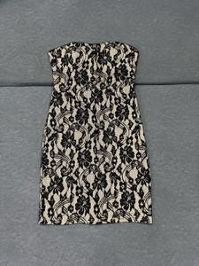 Beige & Black Lace Strapless Bodycon Dress