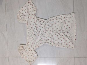 White Cherry Print Puff Sleeve Top