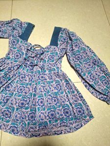 Boho Floral Print Top with Denim Details