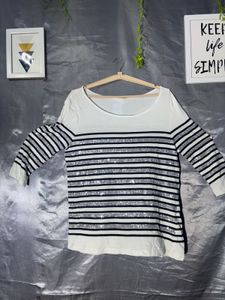 Sparkly Striped Deep neck Long Sleeve Top
