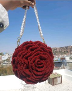 Crochet Rose Design Sling Bag with Pearl