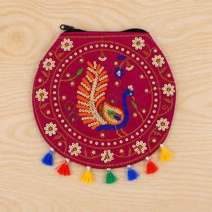 Embroidered Peacock Round Pouch