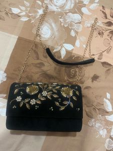 Embroidered Black Clutch with Chain Strap