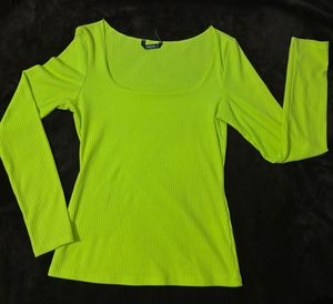 Ribbed Neon Green round Neck Top