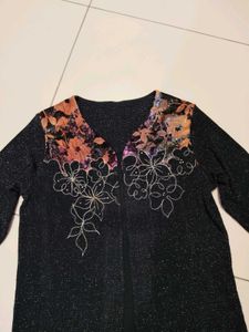 Sparkly Black Cardigan with Floral Accent