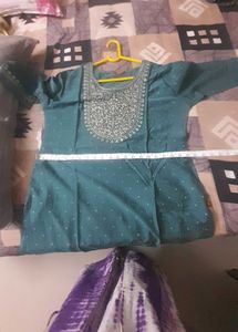 Teal Kurta with Intricate Neck Embroidery and mela