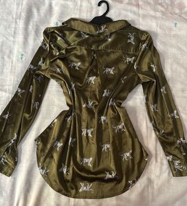 Olive Green Tiger Print Button-Up Shirt