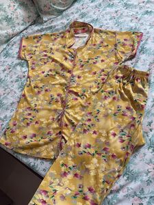 Yellow Floral Satin Pajama Set