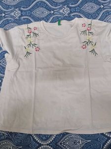 White T-Shirt with Floral Embroidery