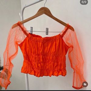 Orange Off-Shoulder Ruched Mesh Top