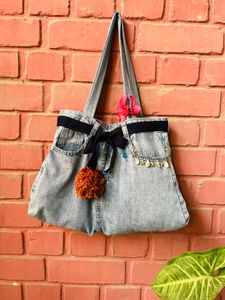 Unique Denim Tote Bag with Pom-Pom