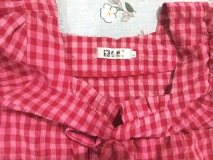 Red Checkered Square Neck Puff Sleeve Top