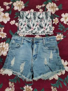 Floral Smocked Tube Top &amp; Distressed Denim Shorts