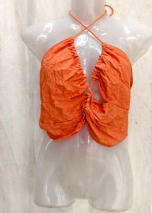 Orange Ruched Halter Neck Crop Top