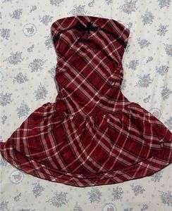 Red Plaid Strapless tube Mini Dress