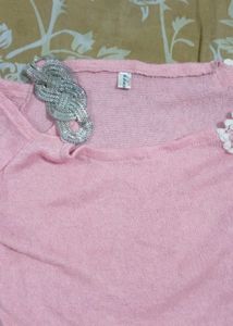 Pink Lace Shoulder Sweatshirt Kniteed Top